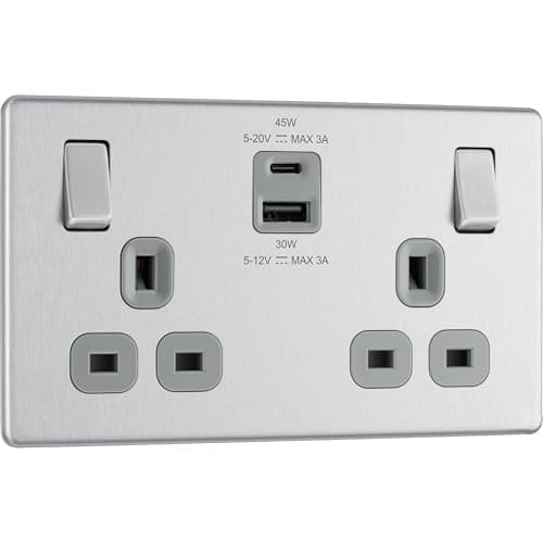 Image of BG Electrical 45W Double Switched Power Wall Plug Socket with Super Fast Charge Type A and C USB Ports, Screwless, Flatplate, Brushed Steel, Grey Inserts, 13A, FBS22UAC45G