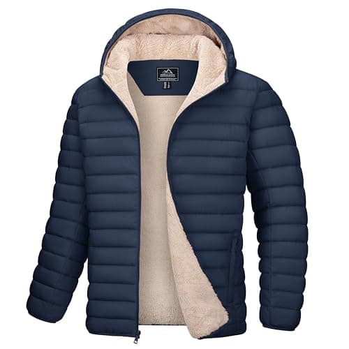 Image of MAGCOMSEN Winter Jackets for Men Puffer Padded Quilted Sherpa Fleece Lined Coat Casual Warm Hooded Full Zip Jacket,Navy,3XL
