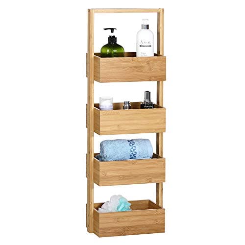 Image of CASARIA® Bathroom Storage Shelves | 4 Tier Brown Bamboo Rack | Free Standing Wooden Basket | Bath Shelf | Shower Storage | Sauna | Spa | 88 x 16 x 28cm
