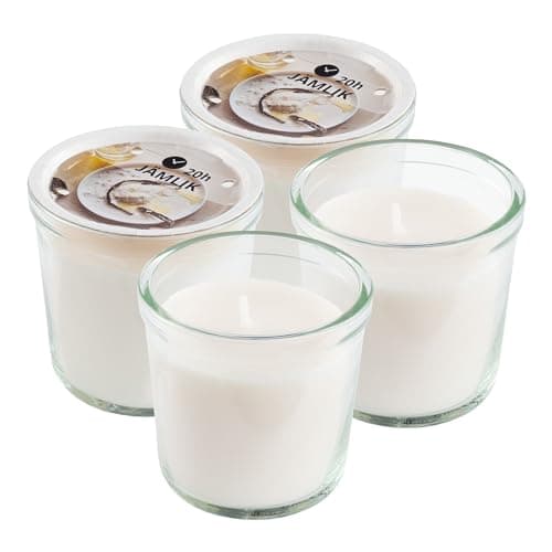 Image of Ikea JAMLIK Cream Scented Candles in Glass Jars, Vanilla & Warm Milk, 7.5cm, 20 Hours Each - Set of 4