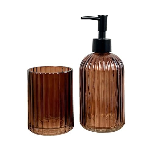 Image of 2 Piece Amber Ribbed Glass Bathroom Sink Accessories Set Liquid Soap Lotion Dispenser Tumbler/Toothbrush Holder Cup
