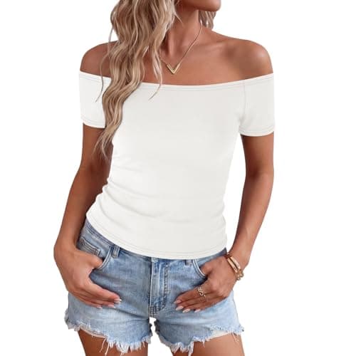 Image of Elesomo Off The Shoulder Tops for Women UK Short Sleeve Bardot Top Ladies Slim Fit T-Shirt, Off White L