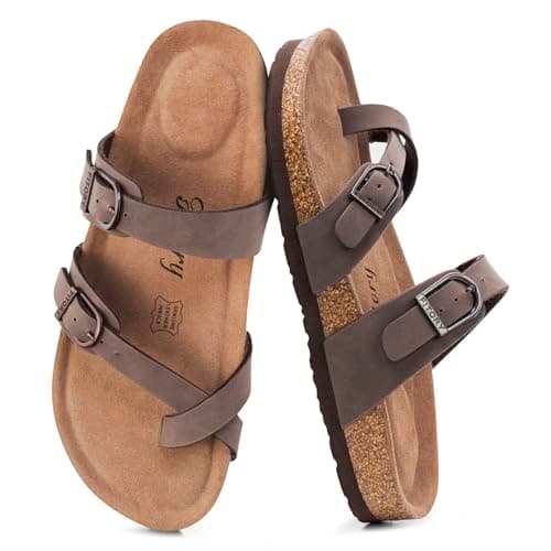 Image of FITORY Women's Slide Sandals with Soft Cork Footbed, Comfort Arch Support Flat Sandals for Summer Brownish Yellow Size 7
