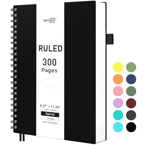 Image of RETTACY A4 Notebook, Notepad, Wirebound Spiral Notebooks 300 pages/150 Sheets for Writing,100gsm College-Ruled Paper, Retro PVC Cover, for Men Work Office School,21.5 x 27.9cm - Black