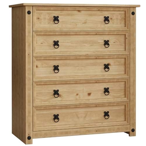 Image of Vida Designs Corona Mexican 5-Drawer Dresser Solid Waxed Pine Finish, Pine, Brown, Product Size: H 90 x W 80 x D 41 cm Env H30511.var