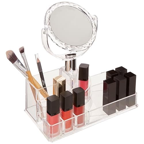 Image of Premier Housewares Clear Beauty Cosmetic Organiser with Mirror | Makeup Organiser with Mirror | Makeup Mirror with Storage | Contemporary Skin Care Organiser for Makeup Storage