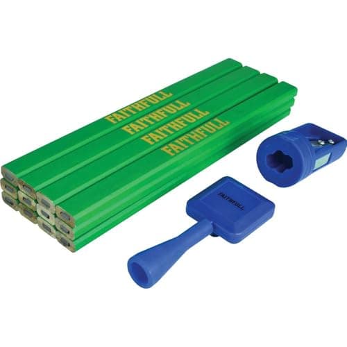 Image of Faithfull Carpenters Pencil Kit 12 Pack with Pencil Sharpener & Holder - Hard (Green)