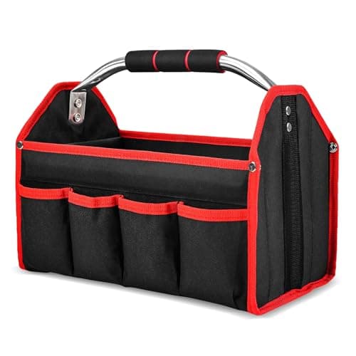 Image of HAUTMEC 13-Inch Foldable Open Top Tote Bag, 8-Pocket Wide Mouth Tool Bag, Tubular Steel Heavy Duty Electrician Tool Bin for Tool Organization and Storage TB0001
