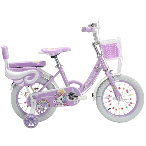 Image of Unicorn Bow Girls Bike Pink Purple, 12/14/16/18/20 Inch, Kids Bike, Children's Bicycle, Child Road Adjustable 2-12 Years Old, Training Wheel, Stabilisers, Basket, Tool Kit (Purple, 12 inch)