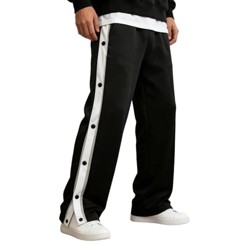 Image of Men's Jogging Bottoms with Side Press Studs Sports Clothing Rehabilitation Pants Lightweight and Breathable Solid Color Casual Loose Tracksuit Bottoms, Black, L