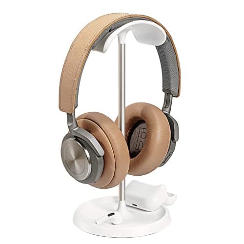 Image of QinCoon Headphone Stand, Curved Headset Stand with Storage Tray, Heavy Base Gaming Headset Holder for AirPods Max, AirPods, AirPods Pro, Beats, Bose, Sennheiser, Sony and More (White)