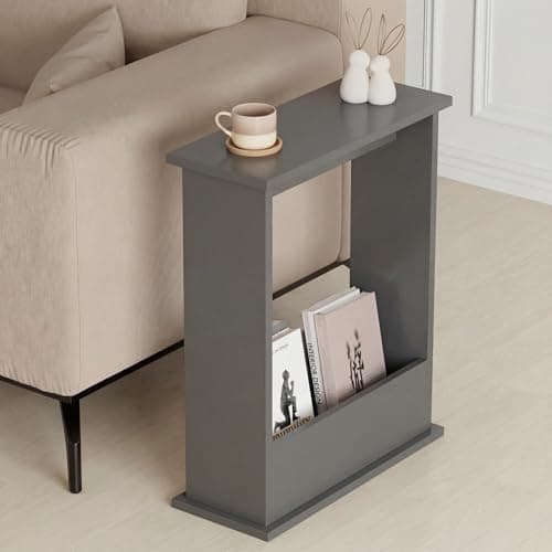 Image of Blisswood Grey Side Table, Slim Side Table with Magazine Rack, Modern Small Sofa End Tables for Living Room and Office, Narrow Bedside Tables for Bedroom, Study (55 x 45 x 18 cm)