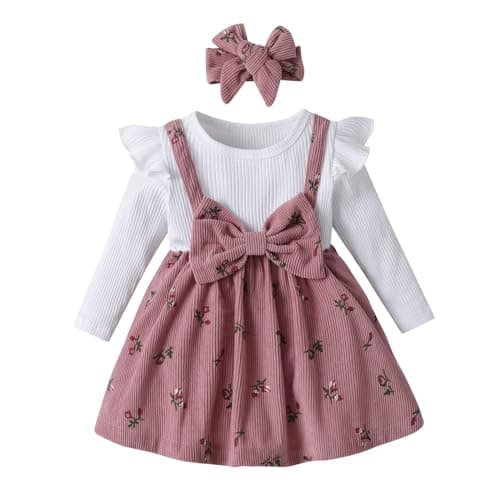 Image of Tearfuty Baby Girl Clothes Dress Long Ruffle Sleeve Outfits Bow Tie Suspender Skirt Pink
