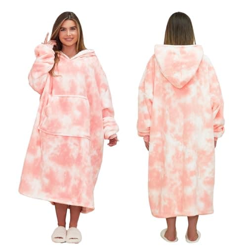 Image of Dreamscene Extra-Long Tie Dye Blanket Hoodie, Mothers Day Gifts Soft Sherpa Fleece Warm Cosy Oversized Hoodie Women Wearable Blanket Hooded Snoodie for Adult Teens Men Big Jumper, Blush Pink
