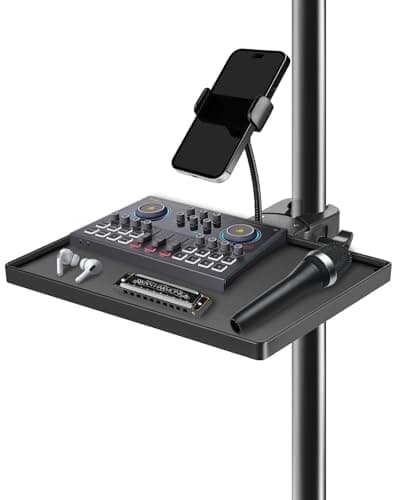 Image of BILIONE Microphone Stand Tray with Crab Clamp, 10.6" x 7.8" Large Shelf Attachment Clamp on Studio Music Floor Stands for Storage (Tray with Phone Holder)