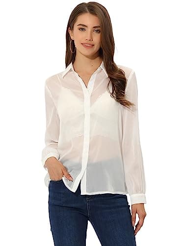 Image of Allegra K Sheer Button Up Blouse for Women's See Through Mesh Long Sleeve Shirt Tops White M