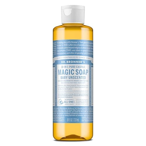 Image of Dr Bronner's 18-in-1 Baby Unscented Pure Castile Liquid Soap, Made with Organic Oils, Used for Face, Hair, Babies, Laundry and Dishes, Certified Fair Trade & Vegan Friendly, 237ml Recycled Bottle