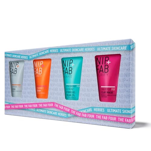 Image of NIP+FAB The Fab Four Gift Set, Contains 4 Large Deluxe Sized Products, Glycolic Fix Scrub 20ml, Vitamin C Fix Serum 20ml, Hyaluronic Fix Hybrid Gel Cream Moisturiser, Salicylic Fix Clay Mask 20ml