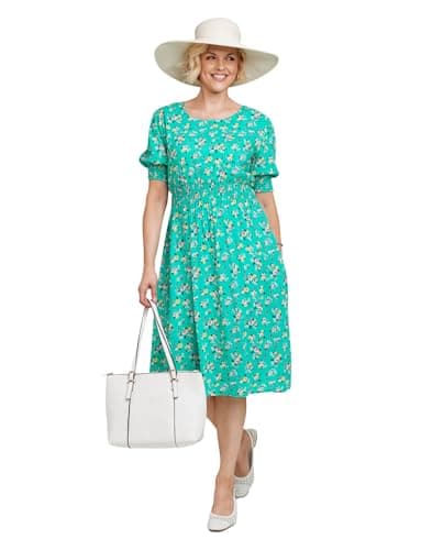 Image of Amber Ladies Smock Cuff & Waist Viscose Floral Dress, Lightweight 43" Midi with Elastication, Cuffed Sleeves, Pockets & Back Neck Loop, Sizes 12–59 Green 12