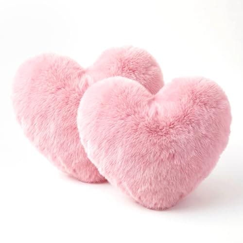 Image of Kuleyang 2 Pack Pink Heart Cushions, Soft Fluffy Heart Shaped Throw Pillows, Faux Fur Decorative Cushions for Bed Sofa Chair, Cute Bedroom Living Room Decor, Valentine Gift