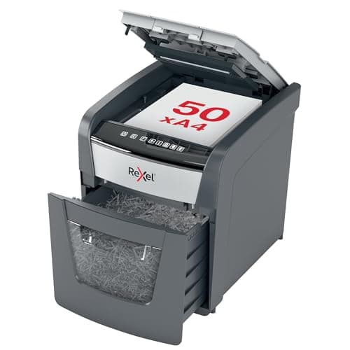 Image of Rexel Optimum Auto Feed+ 50 Sheet Automatic Cross Cut Paper Shredder, P-4 Security, Home/Home Office, 20 Litre Removable Bin, 2020050X, Black