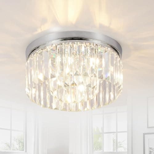 Image of Rayofly Modern Crystal Chandeliers Ceiling Lights, 2-Tiers Crystal Flush Ceiling Lights, Chrome, 6-Lights G9, Elegant Glass Crystal Chandelier Lamps for Living Room, Hall, Bathroom, Bedroom, Foyer