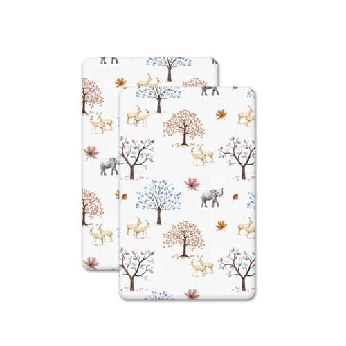 Image of 2 x Travel Cot Fitted Sheets - 100% Cotton, Soft & Comfy, Antiallergic & Breathable (Animals & Trees, 95 x 65 cm)