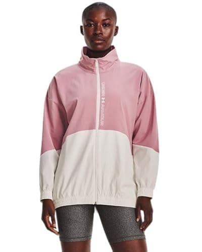Image of Under Armour Women's Woven Full Zip Oversized Jacket, (697) Pink Elixir / / Onyx White, L