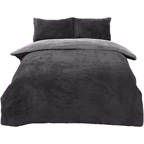 Image of Brentfords Reversible Teddy Fleece Duvet Cover with Pillow Case Supersoft Fluffy Thermal Warm Soft Sherpa Bear Bedding Set, Charcoal Silver Grey - Double