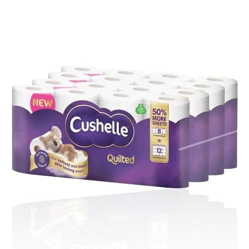 Image of Cushelle Quilted 3-Ply Double Size, Longer Lasting Rolls Toilet Tissue Rolls, 32 Toilet Rolls, 4 x 8 Pack - Sold by Garden Greatness