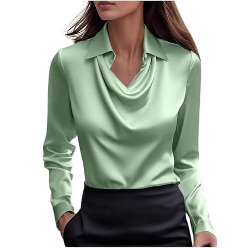 Image of Mint Green Satin Blouse for Women UK Elegant Cowl Neck Silk Party Tops Fashion Long Sleeve Office Work Shirts Casual Turndown Collar Tunic Shirt Streetwear Womens Blouse 3XL