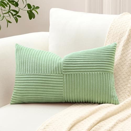 Image of Sungeek Set of 1 Decorative Cushion Cover 40 x 60cm Soft Corduroy Striped Cross Patchwork Textured Pillow Covers Solid Lumbar Throw Pillow Cases for Sofa Bed Patio 16x24 Inch, Sage Green