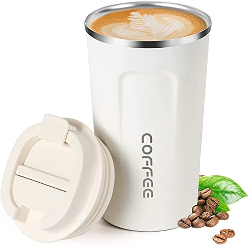 Image of Insulated Coffee Cup, Senelux Double Walled Insulated Stainless Vacuum Coffee Travel Mug with Leakproof Flip for Keep Hot/Ice Coffee, Tea and Beer 18oz (510ml) Cream