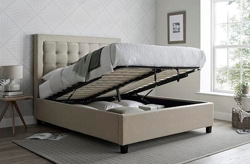 Image of Bedmaster Brandon Linen Fabric Ottoman Storage Bed Double and King Size Grey and Oatmeal (Oatmeal, Double)