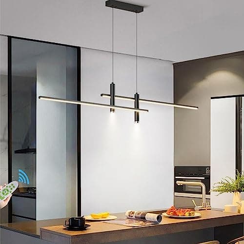Image of Kitchen Island Lights LED Pendant Lights Dimmable Dining Room Black Hanging Lamp Modern Linear Designer Chandelier Height Adjustable Kitchen Office Living Room Bar Ceiling Lighting (L100CM, Black)