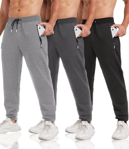 Image of lomsoe 3 Pack Mens Joggers Bottoms Tapered, Tracksuit Bottoms Men with Zip Pockets, Joggers for Men UK Fleece Slim Fit Sweatpants Mens Running Gym Track Pants