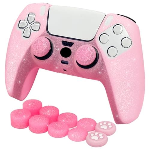 Image of HLRAO Pink Glitter Anti-Slip Protective Silicone Cover Skin Grips Compatible with PS5/Slim/Pro Controller,8 PCS Glitter Thumb Grips Caps and 2 Grips Caps.