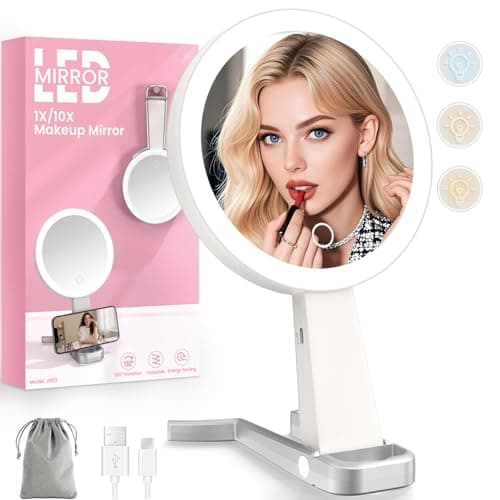 Image of FZIFZI Magnifying Mirror with Light, 10X/1X Double-sided Lighted Make Up Mirror with Lighting & 3 Color Modes, Foldable Rechargeable Cosmetic Travel Mirrors 3 in 1 Tabletop Handheld Hanging
