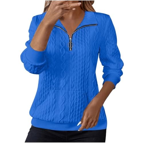 Image of Sweaters for Women UK Jumpers for Women UK Sweatshirts Lapel Half Zip Pullover Knit Cable Ladies Sweatshirt Long Sleeve Tops Fall Winter Sweaters Warm Hoodies Outfit Clothing Sky Blue M