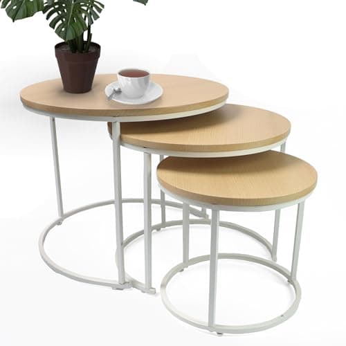 Image of DIVCHI Nest of Tables Set of 3 Round – Modern Nesting Coffee Tables with Wood Look Top & Black Metal Base, Space Saving Side Tables for Living Room, Bedroom & Balcony (White Oak)