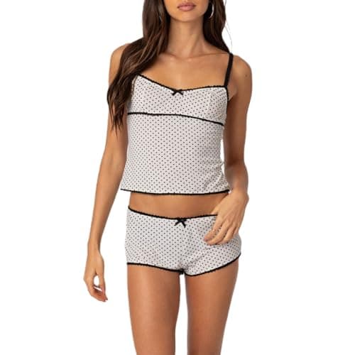 Image of Betrodi Women 2 Piece Pajamas Shorts Outfits Y2k Sleeveless Crop Cami Top Low Waist Shorts Bodycon Lounge Set Sleepwear(LL-Dots-White,XL)