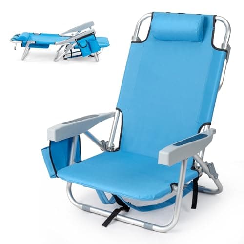 Image of Outopee Folding Beach Chair, 5 Level Adjustable Positions Low Beach Chair with Back Storage Bag, Cooler Pouch and Side Bags for Fishing Poolside Picnic, 100kg Capacity