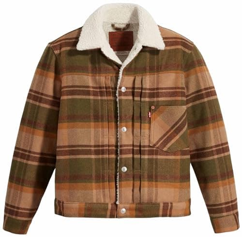 Image of Levi's Men's Type I Sherpa Trucker Jacket, Barold Plaid Winter Moss, XS