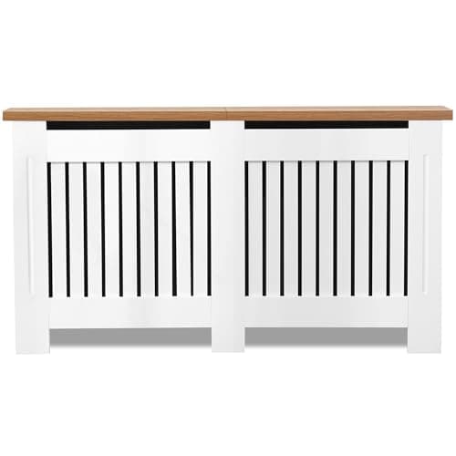 Image of Blisswood Radiator Cover Vertical Pattern Slatted Radiator Covers MDF Wood Heating Covers Wood Top Shelf For Living Room Home Bedroom (White, Large)