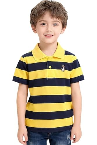Image of Coralup Kids Boys Short Sleeve Polo Shirt Summer Stripe T- Shirt Lapel Cotton Tops for Children 12-13 Years
