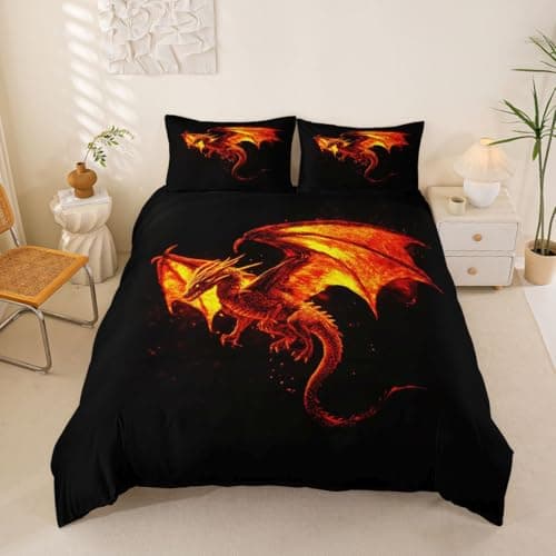 Image of Loussiesd Fire Breathing Dragon Duvet Cover Single Size Flaming Dragon Comforter Cover for Boys Girls Mythical Creature Print Bedding Set 2Pcs Animals Silhouette Art Room Decor