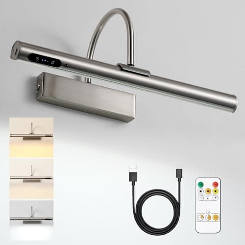 Image of HARPER LIVING Rechargeable Picture Light Satin Nickel, Battery Operated Wall Light with Touch & Remote Control, Dimmable 3 Color Temps, Magnetic Wireless Wall Lamp for Pictures Frame Gallery