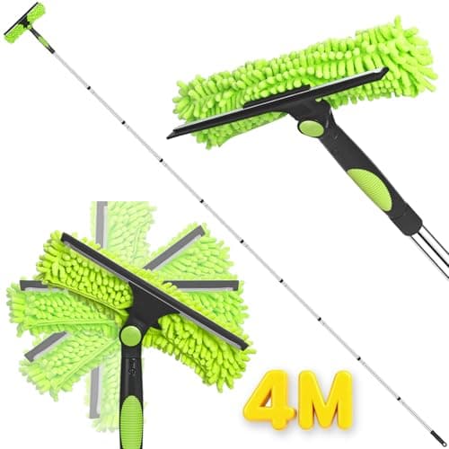 Image of Window Cleaning Equipment, 400cm Extendable Window Cleaning Pole with Silicone Squeegee & 3 Microfiber Mops, 2in1 Window Cleaning Kit for High Window, Long Reach Telescopic Window Cleaner Tool