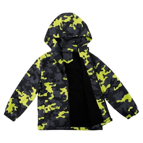 Image of LACOFIA Boy's Waterproof Jacket with Fleece Lined Kid's Windbreaker School Hooded Coat Children Outdoor Raincoat for Autumn/Winter Green Camo 7-8 Years