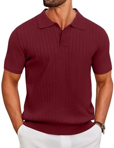 Image of COOFANDY Mens Short Sleeve Polo Shirts Knitted Polo Shirt Button Down Collar Golf Polos Regular Fit Summer Holiday Casual T Shirt Wine Red XL